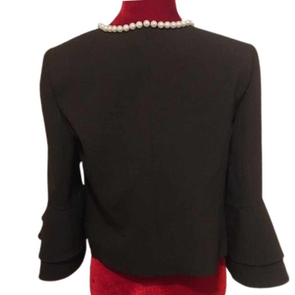 Tahari ASL Women's Faux Bright-White Pearl-Trim Ruffled-Sleeve Black Jacket SZ 8 - Picture 3 of 11